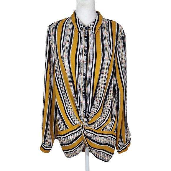 Haute Monde Mustard and Black Houndstooth Print Blouse Size Large Colorful Top - Picture 1 of 9